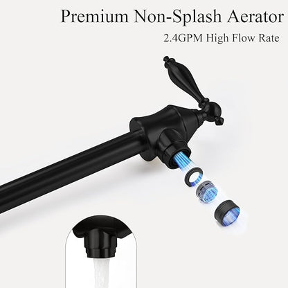 Pot Filler Faucets with Brass Wall Mount Double Joint Swing Arms for Kitchen, Sink, Stove and Bar - Leak Free Designs with High-Flow Aerators - Retractable & Folding for Space Saving - Matte Black