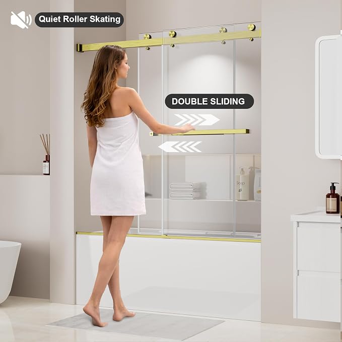 Frameless Shower Door, Frameless Sliding Bathtub Shower Door 60" W x 60" H, 1/4" (6mm) Clear Tempered Glass Tub Shower Door, Glass Shower Door with Full Stainless Steel Hardware, Gold