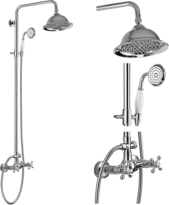 gotonovo Bathroom Shower Fixture Polish Chrome 8 Inch Rainfall Shower Head Set Wall Mount Shower Faucet and Handheld Spray Double Cross Handle