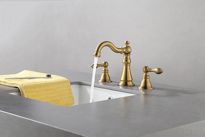 Two Handle Bathroom Sink Faucet 3 Hole Brushed Gold with Pop up Drain,High Arc Lavatory 8 Inch Widespread Bathroom Faucet, F-8805-BG