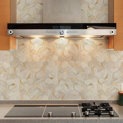Hexagon Peel and Stick Backsplash for Kitchen Wall, 10 Sheets Heat Resistant Stick on Backsplash PVC Smart Tiles, 12'' Beige Marble Waterproof Peel and Stick Wall Tiles for Bathroom
