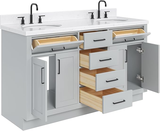 ARIEL Hepburn 60-inch Bathroom Vanity with Sink,Solid Wood, 1.5-inch Carrara White Quartz Countertop & Backsplash, Double Oval Porcelain Sink, 4 Soft Closing Doors, 6 Dovetail Drawers, Grey