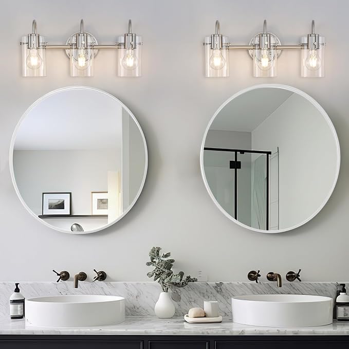 3 Lights Vanity Light Fixture, Brushed Nickel Bathroom Wall Sconce | Modern Wall Light with Clear Glass Shade Farmhouse Wall Mount Porch Wall Lamp for Mirror, Kitchen, Living Room, Workshop