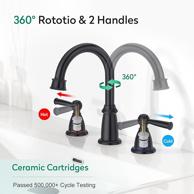 CREA Black Bathroom Faucet 3 Hole,2 Handles 8 Inch Widespread Bathroom Faucets with Drain for Sink Overflow,3 Pieces Matte Black Faucet for Bathroom Vanity RV Basin Tap(cPUC Supply Line)