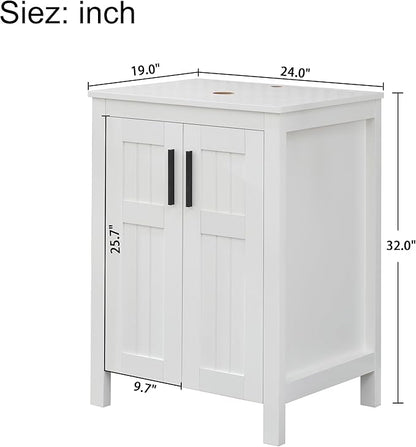 UEV White 24" Bathroom Vanity with Sink Combo,Modern Vanity with Vessel Sink,Stylish Bathroom Vanity Cabinet,Grooved Doors & Metal Handles,Modern White Boat Vessel Sink(T44)