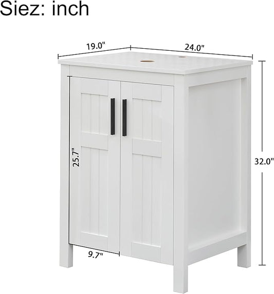 UEV White 24" Bathroom Vanity with Sink Combo,Modern Vanity with Vessel Sink,Stylish Bathroom Vanity Cabinet,Grooved Doors & Metal Handles,Modern White Boat Vessel Sink(T44)