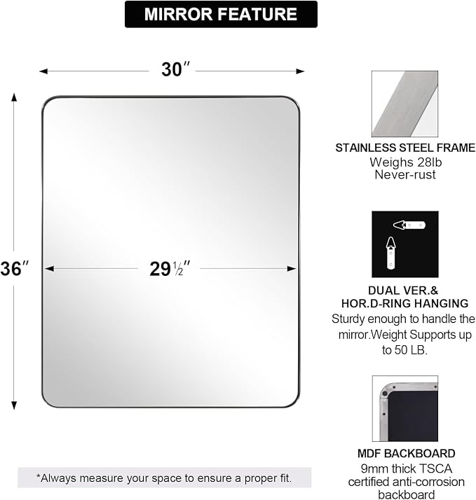 Wall Mirror Brushed Nickel for Bathroom, 30x36 Rounded Rectangle Mirror with Stainless Steel Silver Metal Frame, Modern Bathroom Vanity Mirror