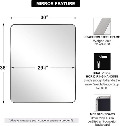 Wall Mirror Brushed Nickel for Bathroom, 30x36 Rounded Rectangle Mirror with Stainless Steel Silver Metal Frame, Modern Bathroom Vanity Mirror