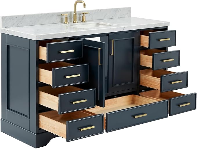 Langford 60-inch Midnight Blue Bathroom Vanity with Center Rectangle Single Sink, Italian Carrara Marble Countertop & Backsplash, Solid Wood Frame, Soft-Closing & Dovetail Drawers