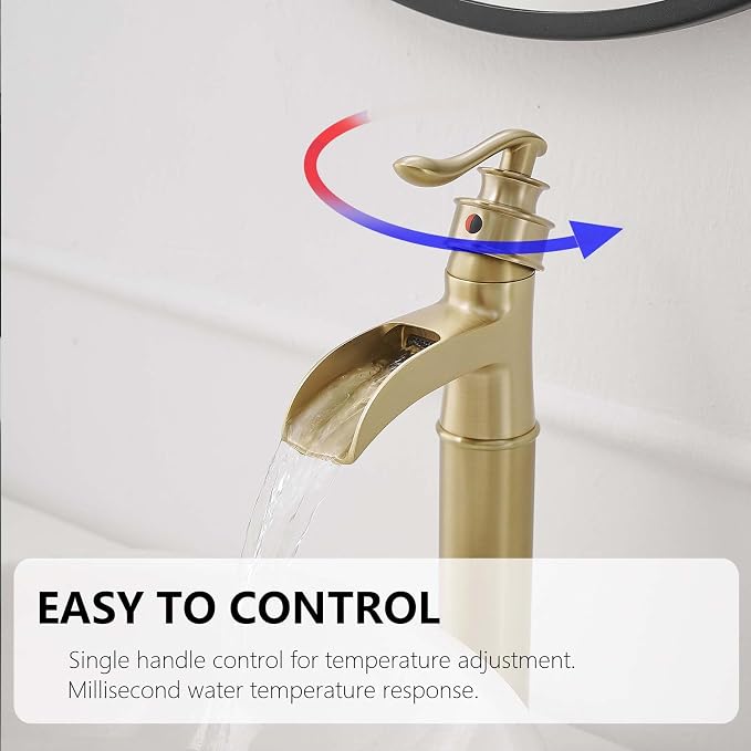 Bathroom Vessel Sink Faucet Waterfall Single Handle Single Hole | Brushed Gold,Brass,Pop Up Drain without Overflow,Supply Line,Easy to Clean,Easy Installation,Rust Resistant,Minimalist Design