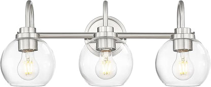 Bathroom Light Fixtures, 3-Light Brushed Nickel Vanity Lights Over Mirror with Globe Clear Glass, Modern Vanity Lighting Fixtures, AD-22280-3W-SN