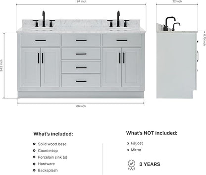 ARIEL Hepburn 66-inch Bathroom Vanity with Sink,Solid Wood, 0.75-inch Italian Carrara Marble Countertop & Backsplash, Double Oval Porcelain Sink, 4 Soft Closing Doors, 6 Dovetail Drawers, Grey