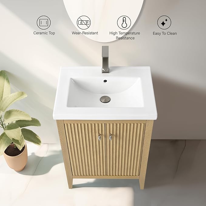 Vanity Art 24 inch Bathroom Vanity with Single Sink & Ceramic Top, Vanity Cabinet with Soft-Closing Door, Solid Wood Frame, Linear Pattern, Natural Oak, Golden Brushed Handware VA9124-NO-GB