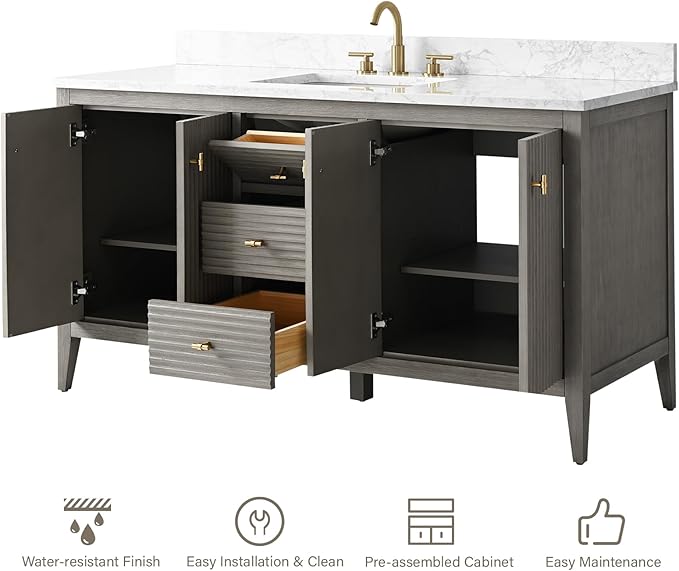HOMEBEYOND 60" Bathroom Vanity with Single Sink, Solid Wood Bathroom Vanity Free-Standing Cabinet, Ceramic Top & Soft Closing Door, Golden Brushed Handware, Driftwood Gray