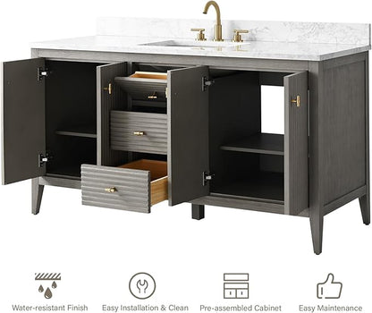 HOMEBEYOND 60" Bathroom Vanity with Single Sink, Solid Wood Bathroom Vanity Free-Standing Cabinet, Ceramic Top & Soft Closing Door, Golden Brushed Handware, Driftwood Gray