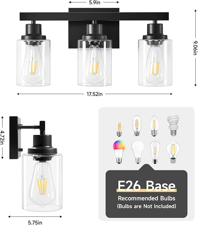 3-Light Bathroom Light Fixtures, Black Bathroom Vanity Light with Clear Glass Shade, Modern Bathroom Wall Lights Over Mirror, Farmhouse Wall Sconces Lighting for Bedroom LivingRoom