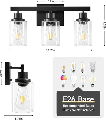 3-Light Bathroom Light Fixtures, Black Bathroom Vanity Light with Clear Glass Shade, Modern Bathroom Wall Lights Over Mirror, Farmhouse Wall Sconces Lighting for Bedroom LivingRoom