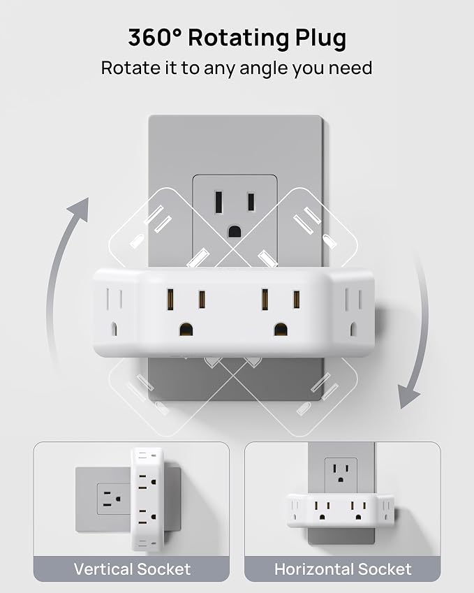 TROND 360 Rotating Plug Outlet Extender 2 Pack, Surge Protector Outlet with 4 Grounded Sockets, 3 Way Angled Plug Expander, 900J, Multiple Wall Adapter for Bathroom Kitchen Bedroom, White
