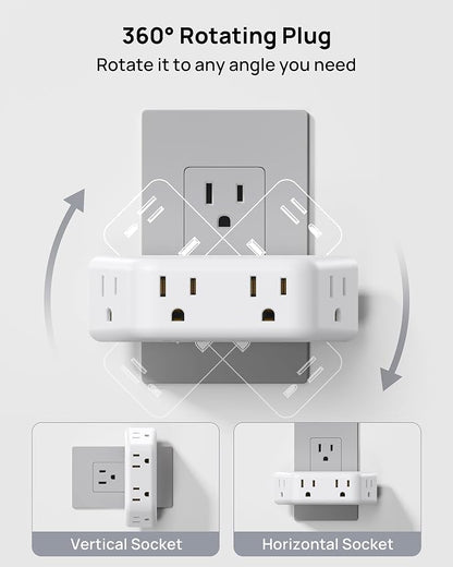 TROND 360 Rotating Plug Outlet Extender 2 Pack, Surge Protector Outlet with 4 Grounded Sockets, 3 Way Angled Plug Expander, 900J, Multiple Wall Adapter for Bathroom Kitchen Bedroom, White