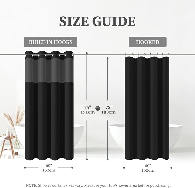 60x75 Ringless Linen Textured Shower Curtain with Snap in Liner, Black | Small Size, 3 in 1 Shower Curtain Set, Removable Liner, Waterproof & Washable, Mesh Top Window, Durable Fabric, Easy Setup