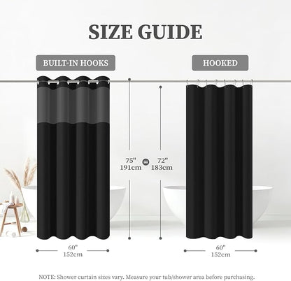 60x75 Ringless Linen Textured Shower Curtain with Snap in Liner, Black | Small Size, 3 in 1 Shower Curtain Set, Removable Liner, Waterproof & Washable, Mesh Top Window, Durable Fabric, Easy Setup