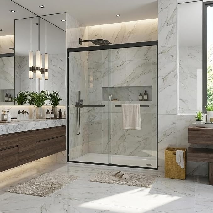 Sliding Glass Shower Door 56–60 Inch W x 72 Inch H, Shower Sliding Door with 8mm Tempered Glass, Double Shower Sliding Glass Door with Easy-Clean Coating, Matte Black Shower Glass Door