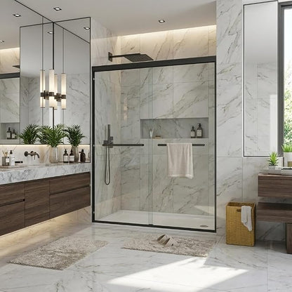 Sliding Shower Door 44–48 Inch W x 72 Inch H, Sliding Shower Doors with Matte Black Aluminum Frame, Tempered Glass Panels, Easy-Clean Coating, Sliding Door for Bathroom