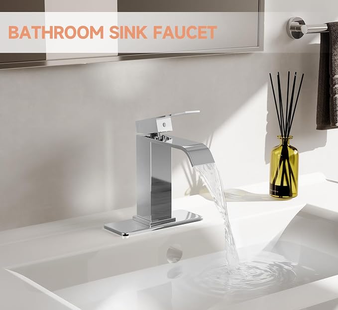 Chrome Bathroom Faucets Evolvegoods Modern Waterfall Bathroom Faucet | Single Handle 1 or 3 Hole Bathroom Sink Faucet RV Mixer Tap Vanity Faucet with Deck Plate Pop-up Drain and Supply Lines