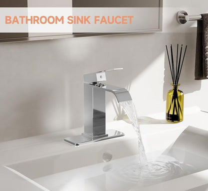 Chrome Bathroom Faucets Evolvegoods Modern Waterfall Bathroom Faucet | Single Handle 1 or 3 Hole Bathroom Sink Faucet RV Mixer Tap Vanity Faucet with Deck Plate Pop-up Drain and Supply Lines