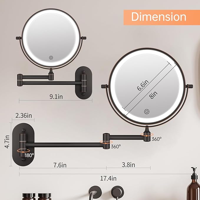 5000mAh Rechargeable Wall Mounted Lighted Makeup Mirror Double Sided 1X30X | Magnifying Bathroom Mirror, 3 Color Lighting, Touch Dimming, Extended Arm 360 Rotation Light up Mirror Antique Bronze