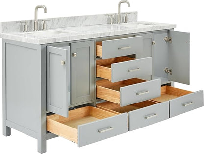 Beckford 66" Grey Double Bathroom Vanity with Sink, 1.5" Edge Italian Carrara Marble Countertop, 2 Rectangular Undermount Sinks, 4 Soft Closing Doors, 6 Dovetail Drawers, Brushed Nickel