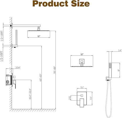 ESNBIA Gold Shower Head, Rainfall Shower System with 10 Inches Rain Shower Head, All Metal Shower Faucet Set with Shower Valve, Wall Mounted Shower Fixtures, Brushed Gold