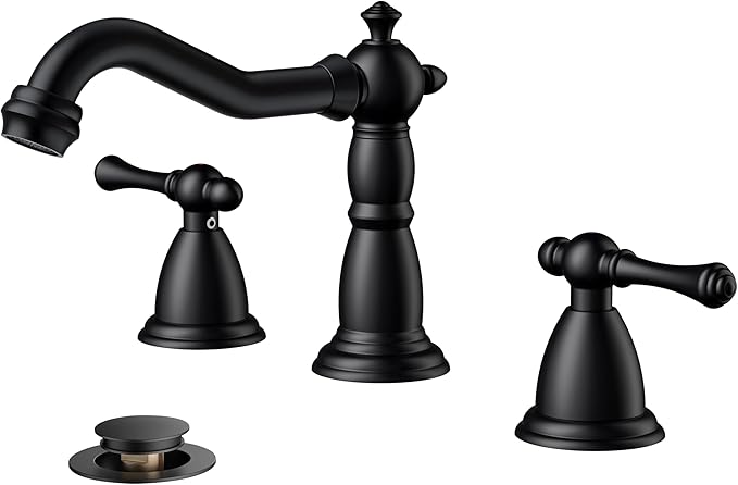FORIOUS Matte Black Bathroom Faucets 3 Hole, Widespread Bathoom Sink Faucet Dual Handle with Pop-Up Drain and Water Supplies for Commercial Vanity Lavatory Restroom Farmhouse