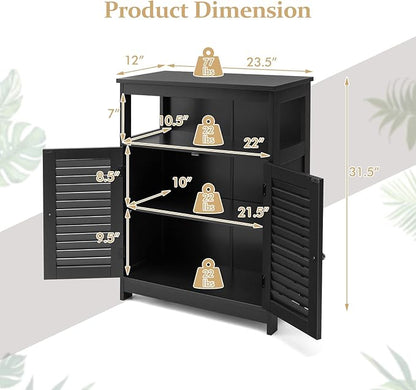 COSTWAY Bathroom Storage Cabinet, Wooden Side Storage Organizer with Louver Doors & Removable Shelf, Freestanding Floor Cabinet for Living Room, Kitchen, Entryway (Black)