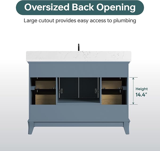 48" Bathroom Vanity with Sink, Fully Assembled, Steel Blue | Solid Wood Bathroom Vanities Set with Quartz Countertop, 2 Soft Close Doors & 7 Full Extension Dovetail Drawers