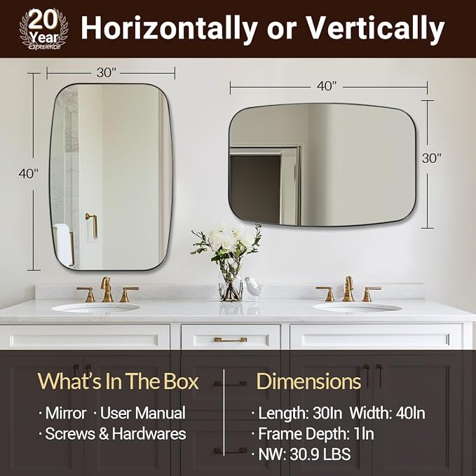 30x40” Black Bathroom Mirror, Oblong Vanity Mirror with Stainless Steel Metal Frame, Matte Black Oval Mirror for Over Sink, Modern Anti Rust Wall Mounted