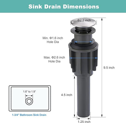 Bathroom Sink Drain Without Overflow, ARCORA Brushed Nickel Pop Up Drain for Vessel Sink Clicker Drain Stopper