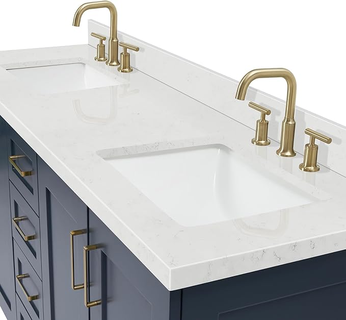 DKB Emilia 72 Inch Bathroom Vanity Double Sink — Midnight Blue Bathroom Vanity with Sink, 1.5" Edge Carrara White Quartz Countertop & Backsplash, 4 Soft-Close Doors, and 6 Dovetail Drawers