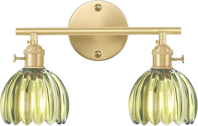 Shenmoyl Bathroom Light Fixtures, 2-Light Brass Vanity wall Light Over Mirror with Green Tulip Glass Shade for Bedroom Living Room (Bulb Not Included)