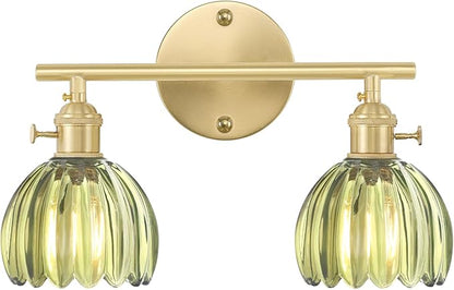 Shenmoyl Bathroom Light Fixtures, 2-Light Brass Vanity wall Light Over Mirror with Green Tulip Glass Shade for Bedroom Living Room (Bulb Not Included)