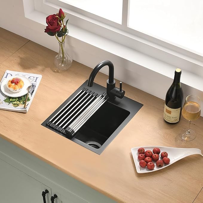 Black Drop In Bar Sink Quartz, 13x15 Inch | Granite Composite Quartz Small Kitchen Sink RV Wet Bar Topmount Single Bowl Kitchen Sink with Small Rubber Squeegee