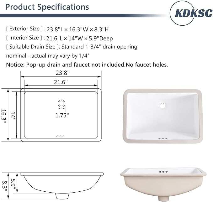 24 Inch Undermount Bathroom Sink White Ceramic Rectangular Under Counter Bathroom Sink for Cabinet Porcelain Vanity Sinks,Overflow Type (23.8"x16.3")