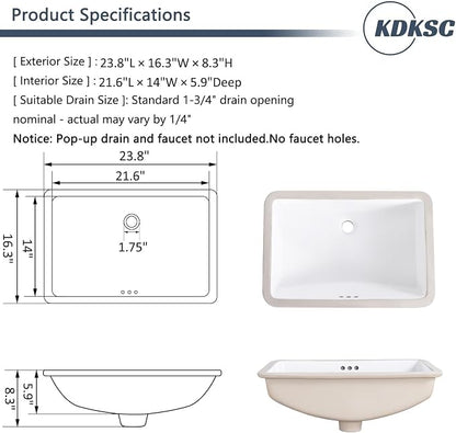 24 Inch Undermount Bathroom Sink White Ceramic Rectangular Under Counter Bathroom Sink for Cabinet Porcelain Vanity Sinks,Overflow Type (23.8"x16.3")