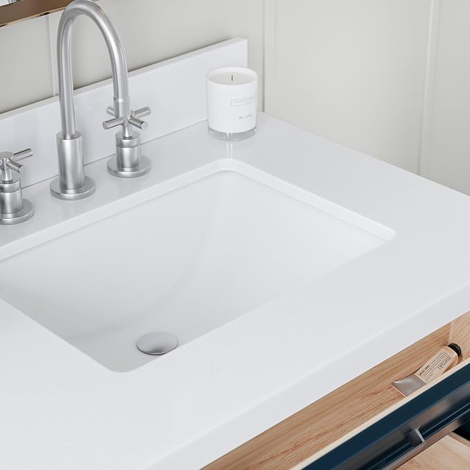 ARIEL Monroe 72-inch Bathroom Vanity with Sink,Solid Wood, 1.5-inch Pure White Quartz Countertop & Backsplash, Double Oval Porcelain Sink, 9 Dovetail Drawers, Brushed Nickel, Midnight Blue