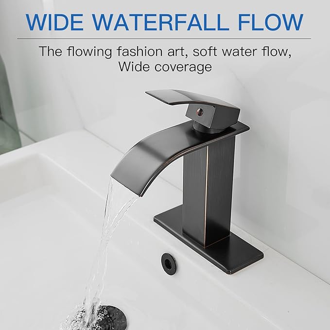 BWE Waterfall Bathroom Faucet Oil Rubbed Bronze Faucet for Bathroom Sink 1 Hole Single Handle Modern Vanity Faucet Lavatory Bath Mixer Tap with Pop Up Drain Assembly with Overflow and Supply Line