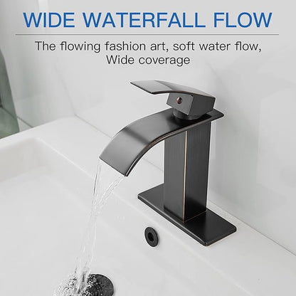BWE Waterfall Bathroom Faucet Oil Rubbed Bronze Faucet for Bathroom Sink 1 Hole Single Handle Modern Vanity Faucet Lavatory Bath Mixer Tap with Pop Up Drain Assembly with Overflow and Supply Line