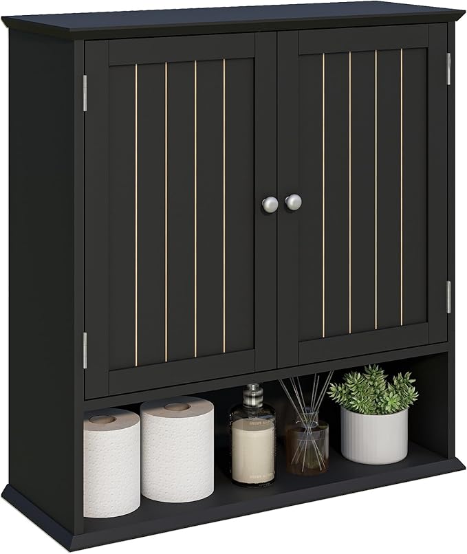 Wall Cabinet with 2 Doors & Open Shelf – Space Saving Medicine Cabinet, Wooden Wall Mounted Storage Cupboard for Bathroom Organization Black