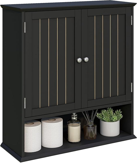 Wall Cabinet with 2 Doors & Open Shelf – Space Saving Medicine Cabinet, Wooden Wall Mounted Storage Cupboard for Bathroom Organization Black