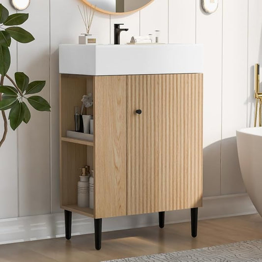 22" Small Bathroom Vanity with Sink, Morden Bathroom Vanities with Soft-Close Door and Open Shelf, Freestanding Narrow Vanity for Compact Space-Saving Bathrooms (Wood,22" Freestanding Left Shelf)