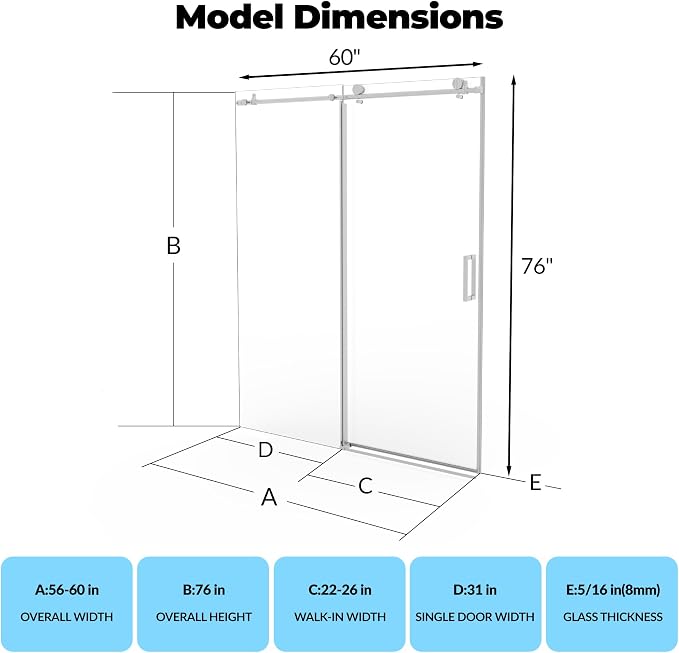 Frameless Sliding Shower Door 56–60 inch W x 76 inch H, Sliding Shower Door with Fixed Panel, Stainless Steel Round Rail, 8mm Tempered Glass with Coating, Single Sliding Shower Door, Brushed Finish